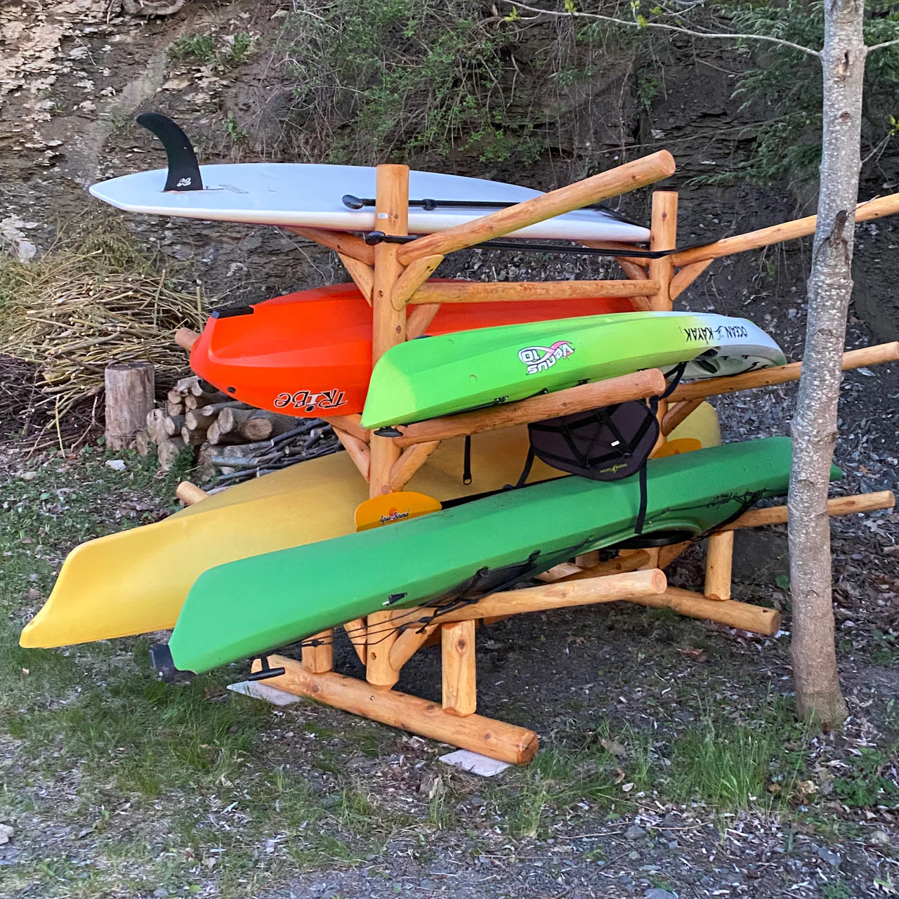 6 Kayak, Canoe, and SUP Storage Rack | Freestanding Log Rack | Natural Finish - Image 4